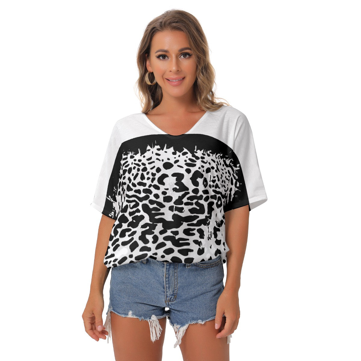 All-Over Print Women's Bat Sleeves V-Neck Blouse