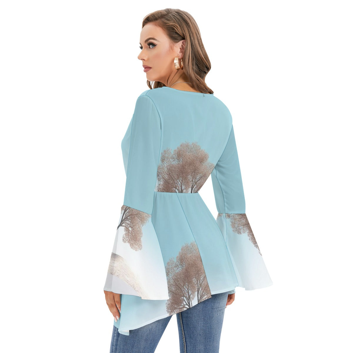 All-Over Print Women's V-neck Blouse With Flared Sleeves