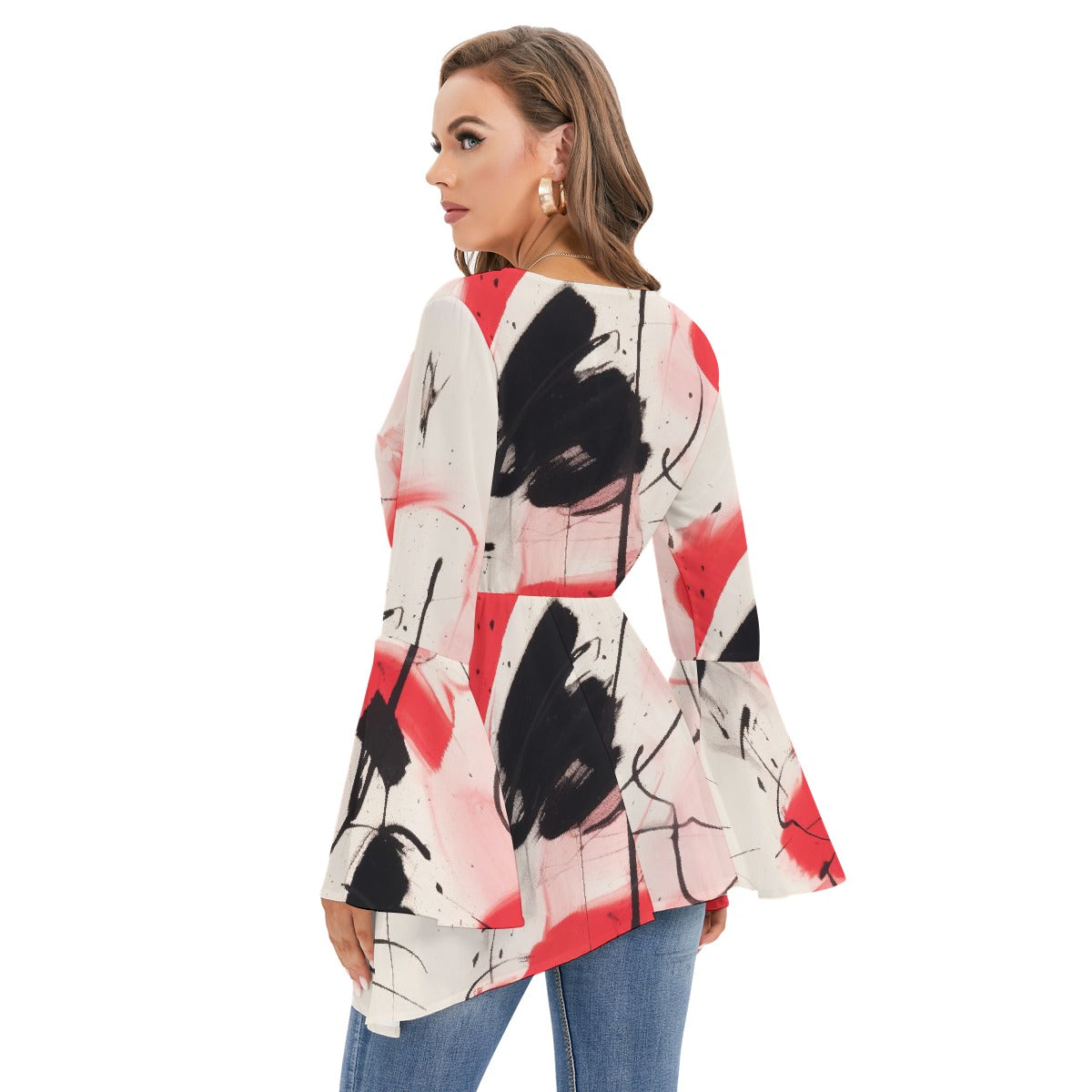 All-Over Print Women's V-neck Blouse With Flared Sleeves