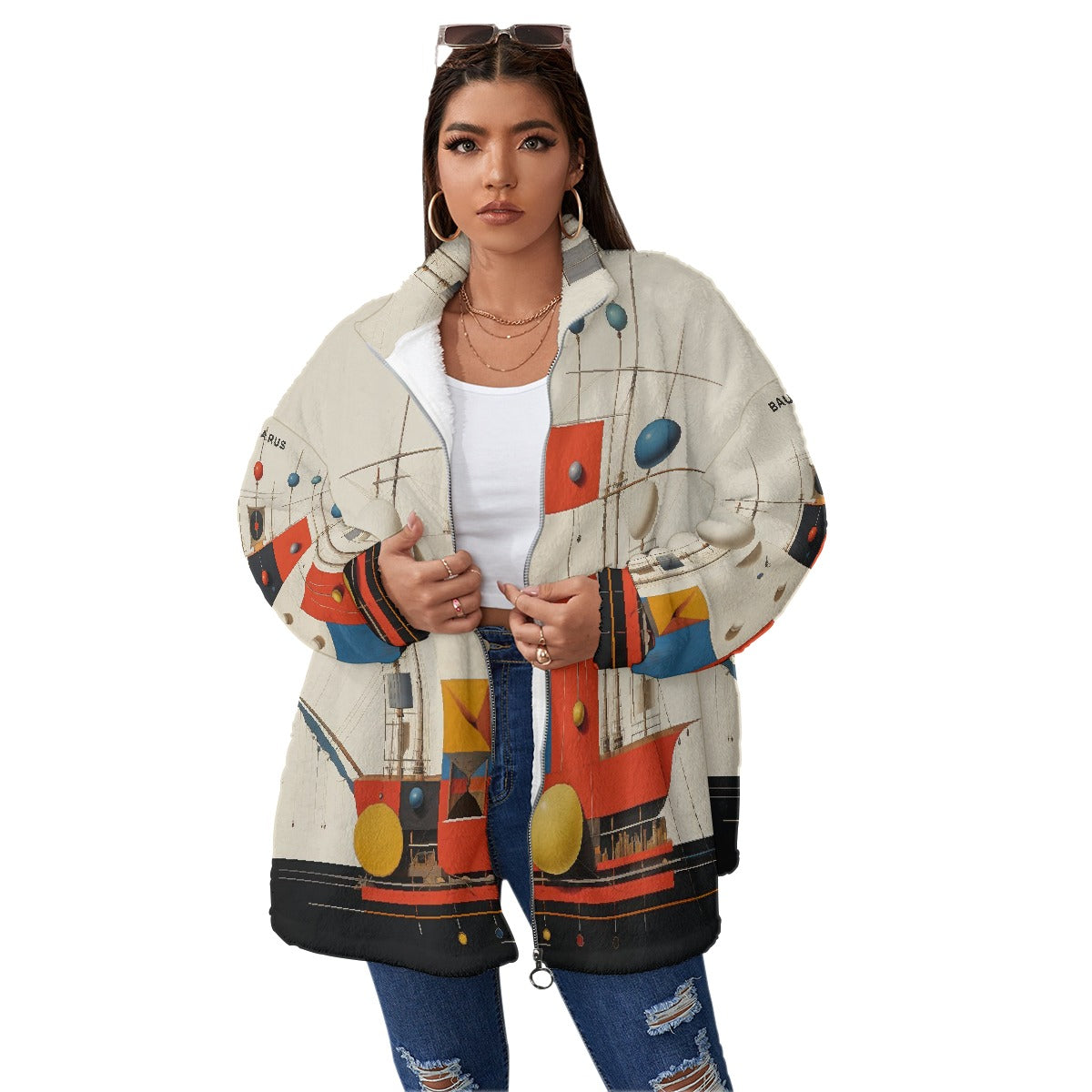 All-Over Print Unisex Borg Fleece Stand-up Collar Coat With Zipper Closure(Plus Size)