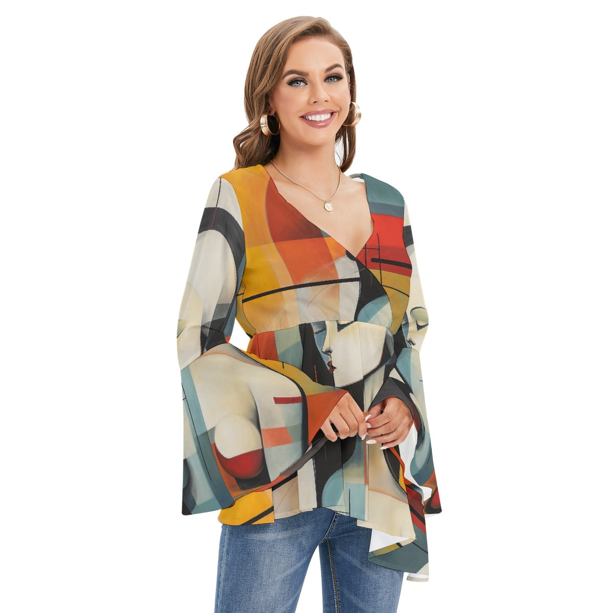 All-Over Print Women's V-neck Blouse With Flared Sleeves