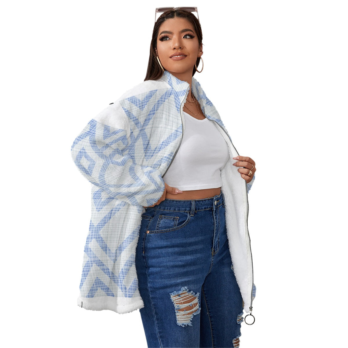 All-Over Print Unisex Borg Fleece Stand-up Collar Coat With Zipper Closure(Plus Size)