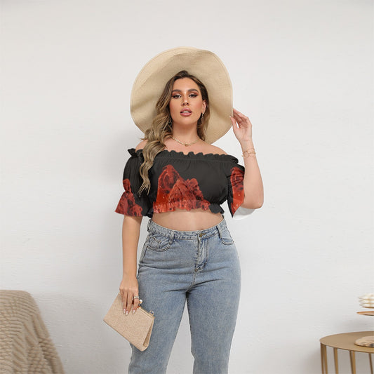 All-Over Print Women's Off-shoulder Cropped Top With Short Puff Sleeve