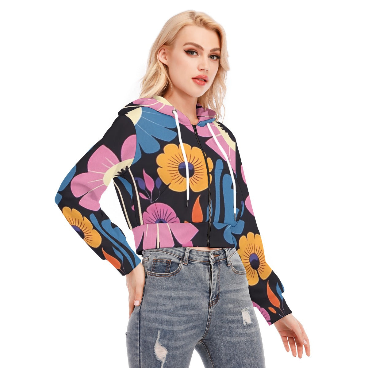 All-Over Print Women's Crop Top Hoodie With Zipper Closure
