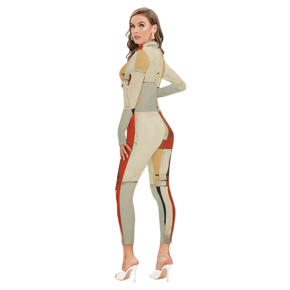 All-Over Print Women's Long-sleeved High-neck Jumpsuit With Zipper