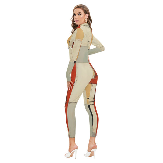 All-Over Print Women's Long-sleeved High-neck Jumpsuit With Zipper