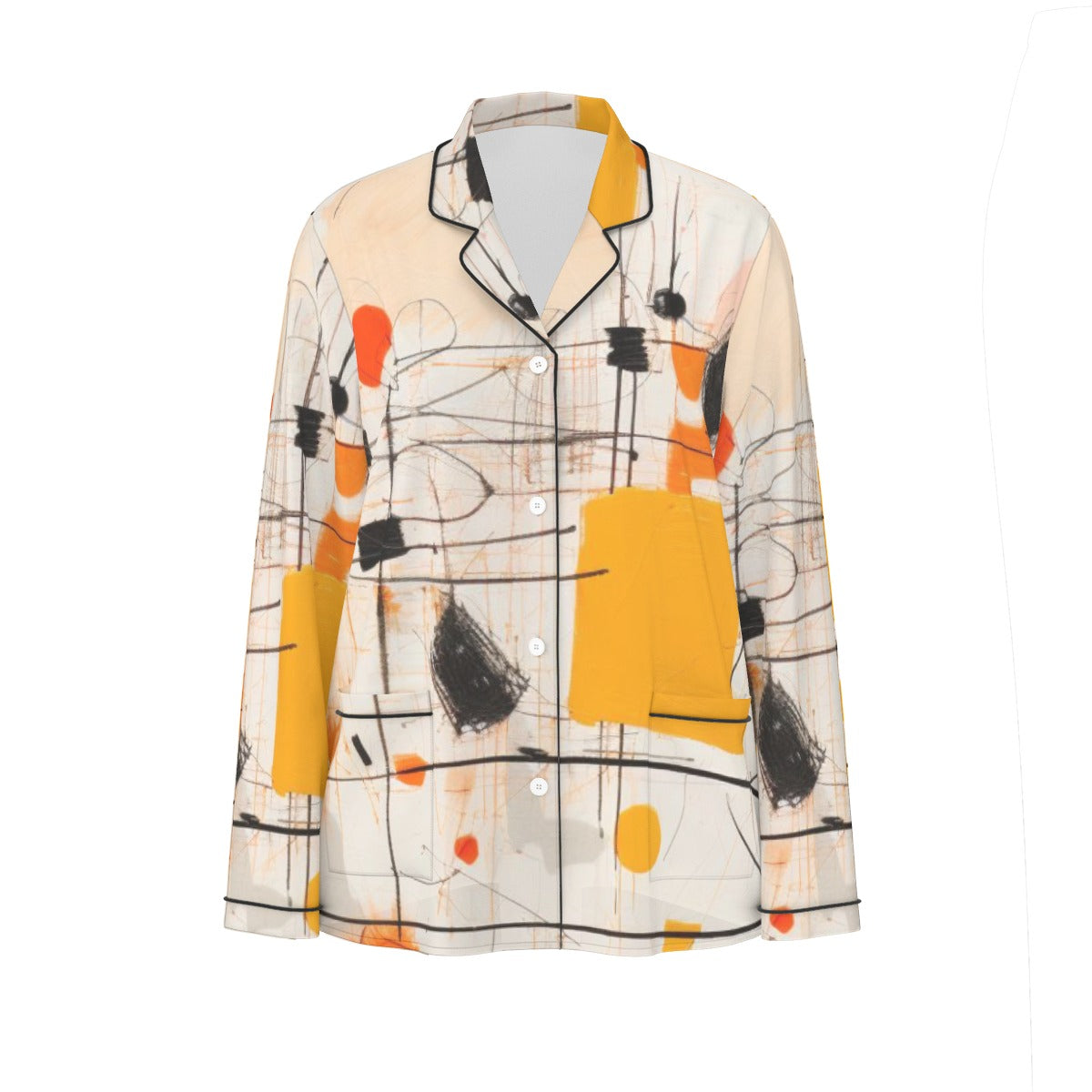 All-Over Print Women's Long Sleeve Pajama Set With Black Contrast Piping