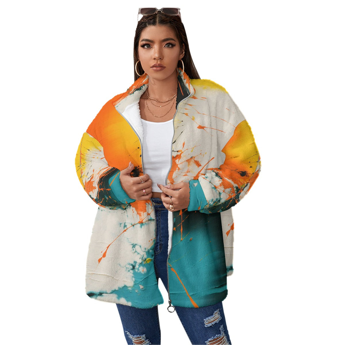 All-Over Print Unisex Borg Fleece Stand-up Collar Coat With Zipper Closure(Plus Size)