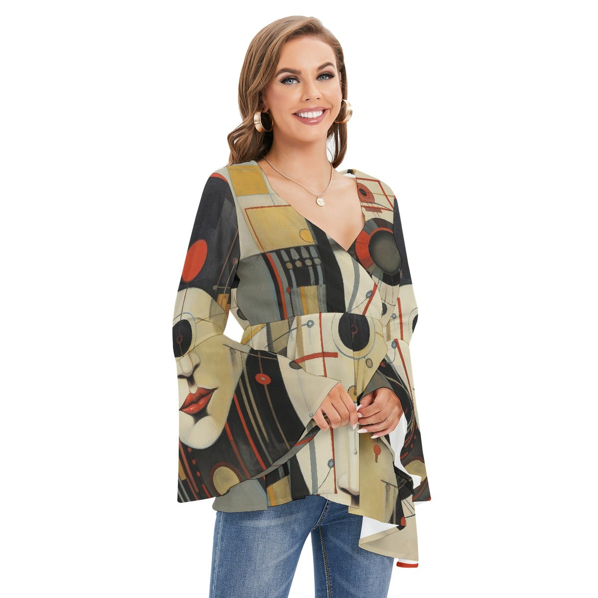 All-Over Print Women's V-neck Blouse With Flared Sleeves