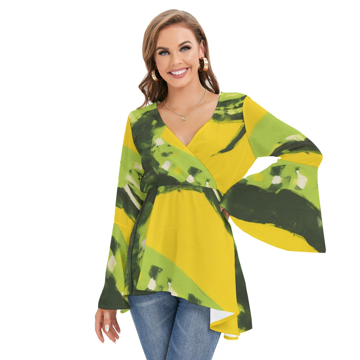 All-Over Print Women's V-neck Blouse With Flared Sleeves