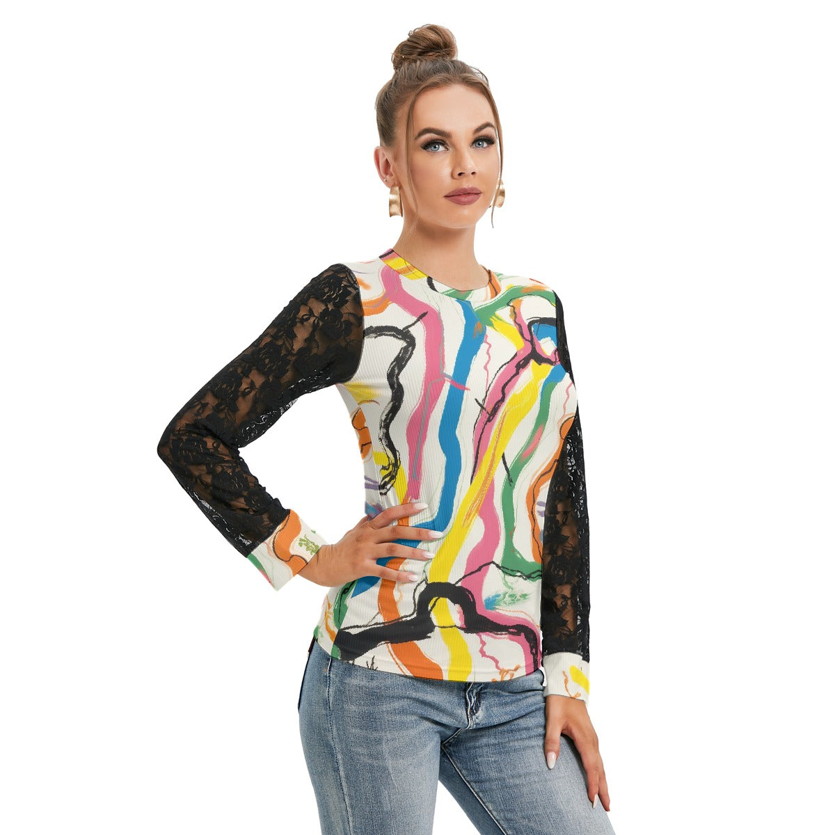 All-Over Print Women's T-shirt And Sleeve With Black Lace