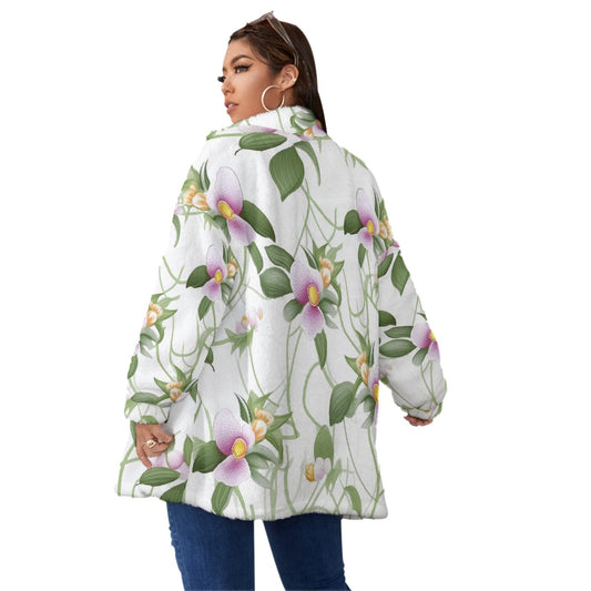 All-Over Print Unisex Borg Fleece Stand-up Collar Coat With Zipper Closure(Plus Size)