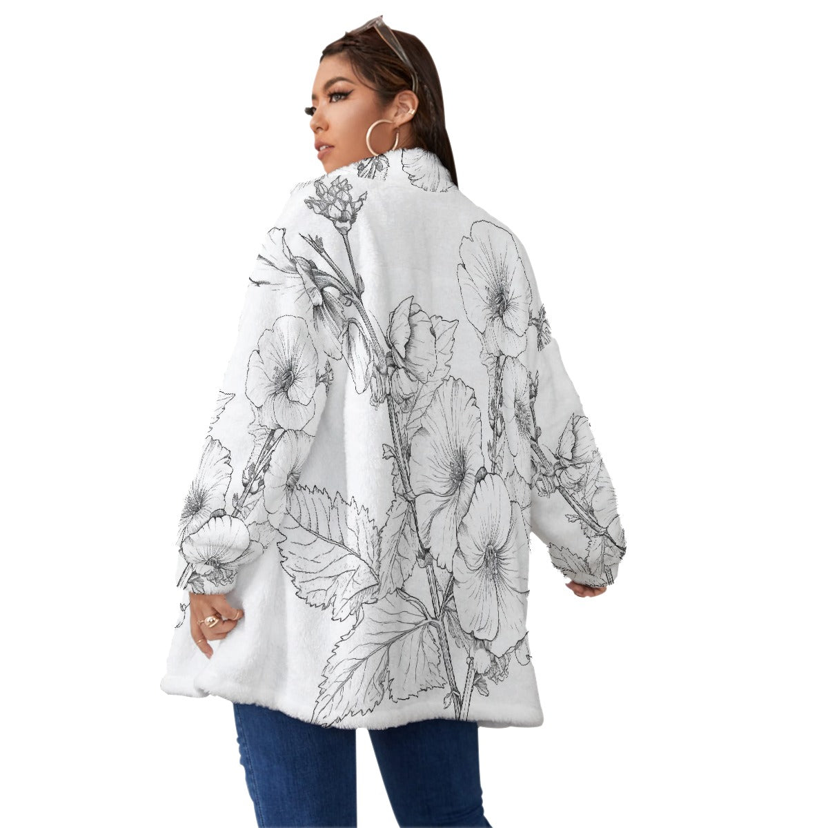 All-Over Print Unisex Borg Fleece Stand-up Collar Coat With Zipper Closure(Plus Size)