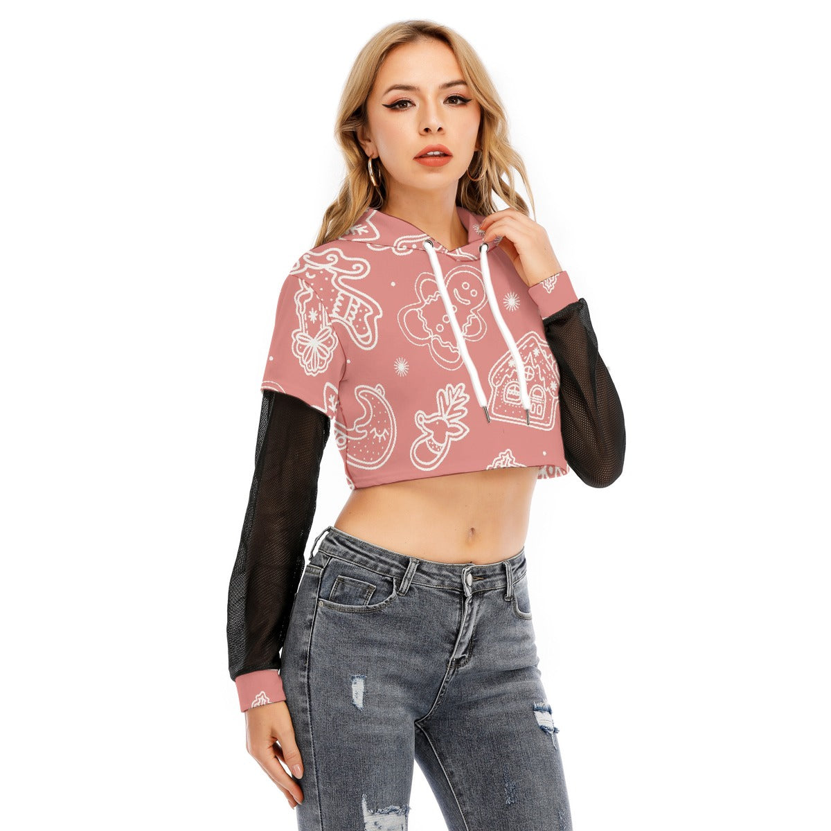 All-Over Print Women's Fake Two-piece Mesh Sleeve Cropped Hoodie