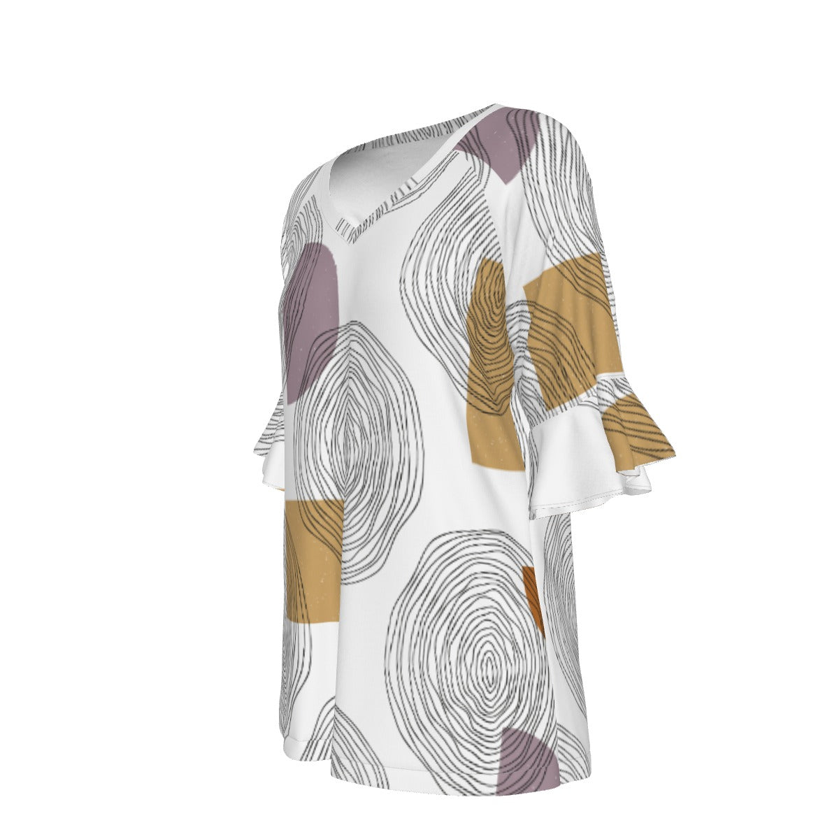 All-Over Print V-neck Women's T-shirt With Bell Sleeve