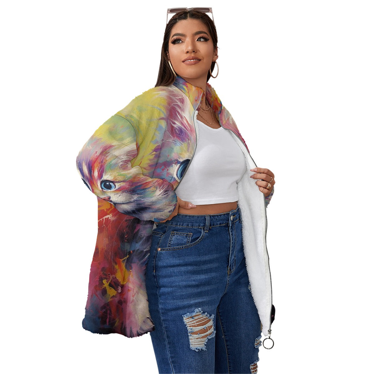 All-Over Print Unisex Borg Fleece Stand-up Collar Coat With Zipper Closure(Plus Size)