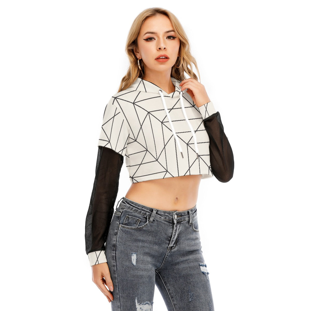 All-Over Print Women's Fake Two-piece Mesh Sleeve Cropped Hoodie
