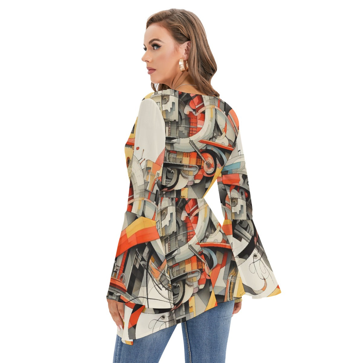 All-Over Print Women's V-neck Blouse With Flared Sleeves
