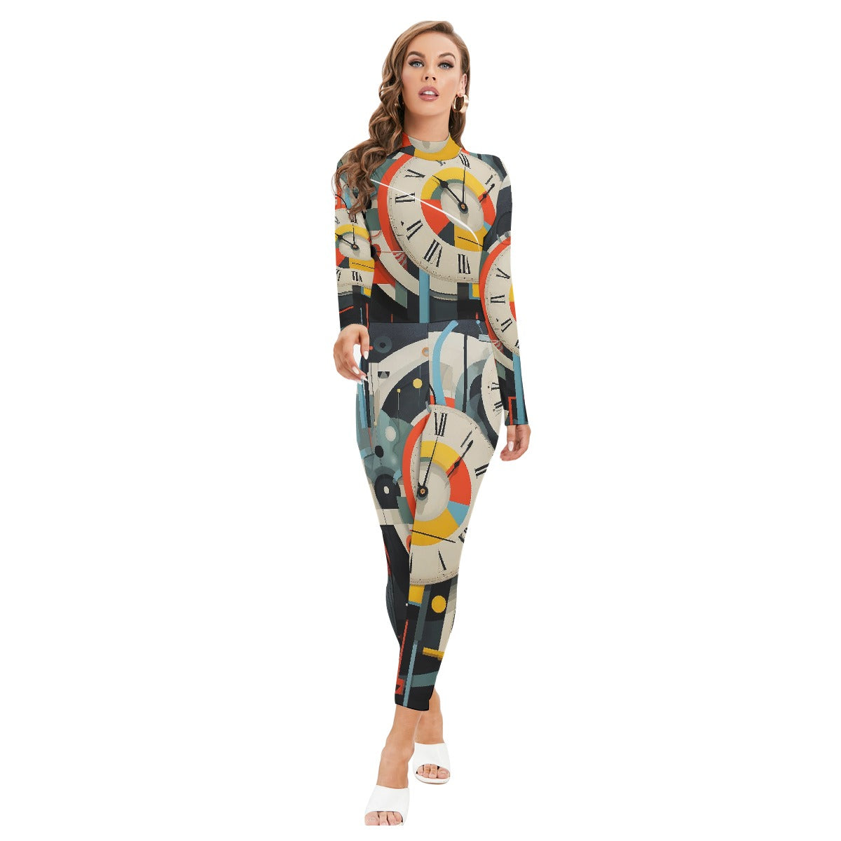 All-Over Print Women's Long-sleeved High-neck Jumpsuit With Zipper
