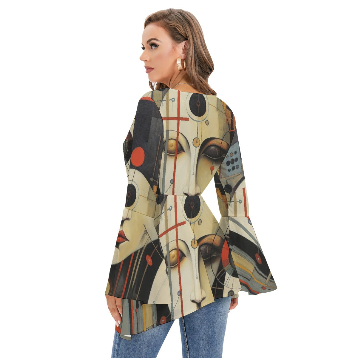 All-Over Print Women's V-neck Blouse With Flared Sleeves