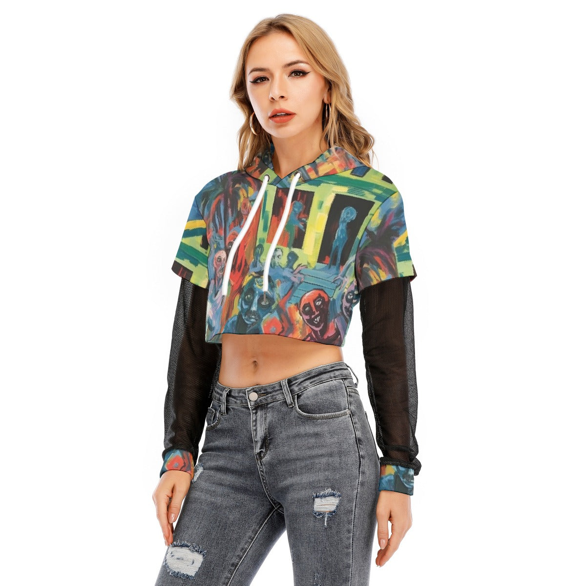 All-Over Print Women's Fake Two-piece Mesh Sleeve Cropped Hoodie