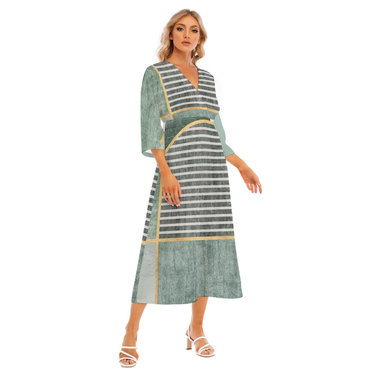 All-Over Print Women's Mid-Sleeve Long Dress