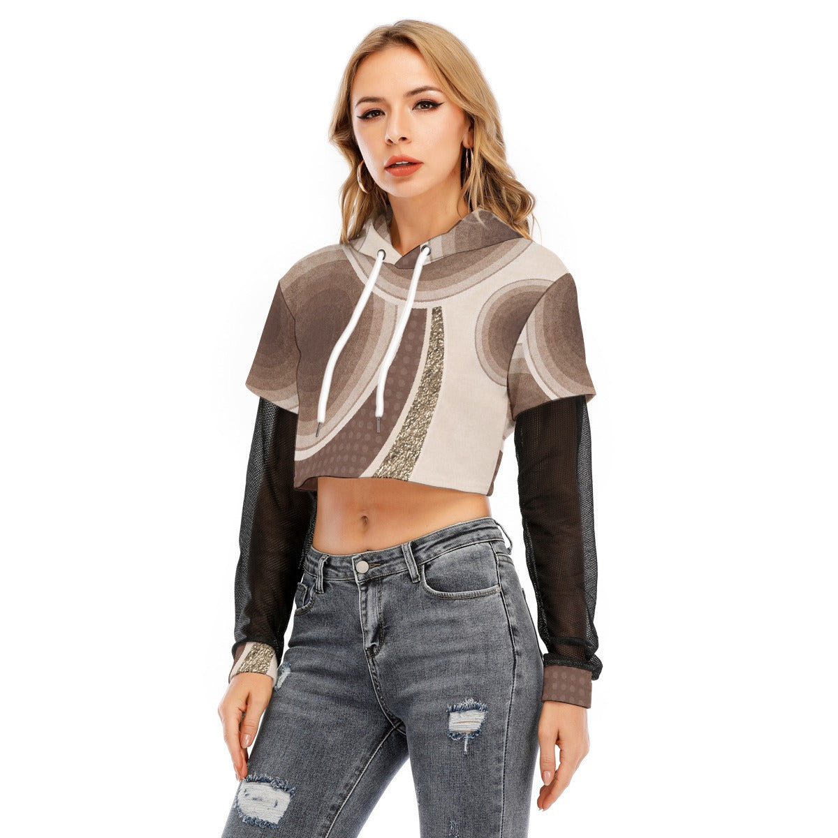 All-Over Print Women's Fake Two-piece Mesh Sleeve Cropped Hoodie