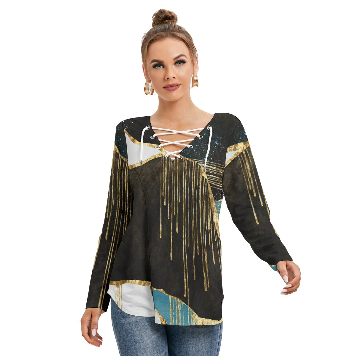 All-Over Print Women's Long Sleeve Neckline Tie Sweatshirt