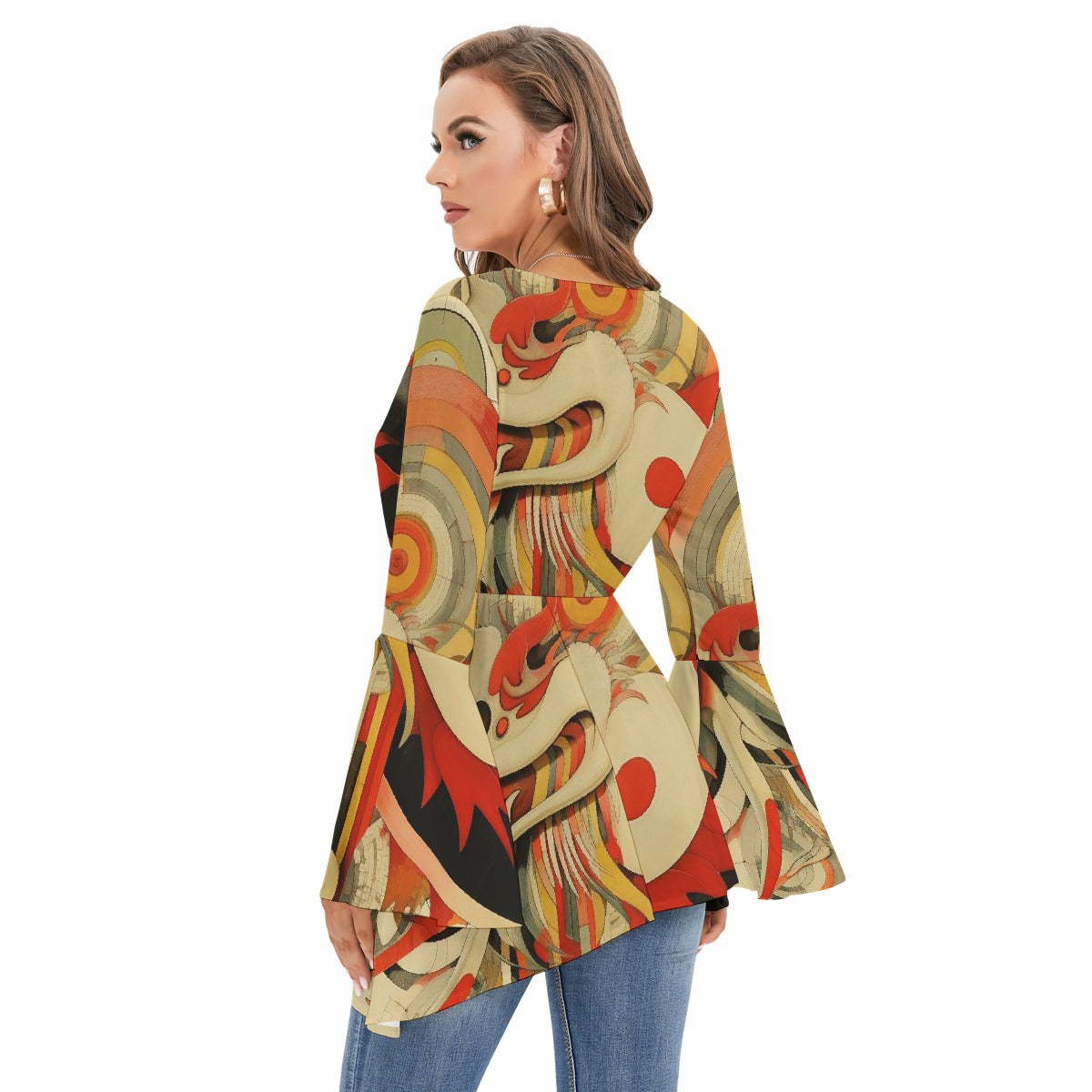 All-Over Print Women's V-neck Blouse With Flared Sleeves