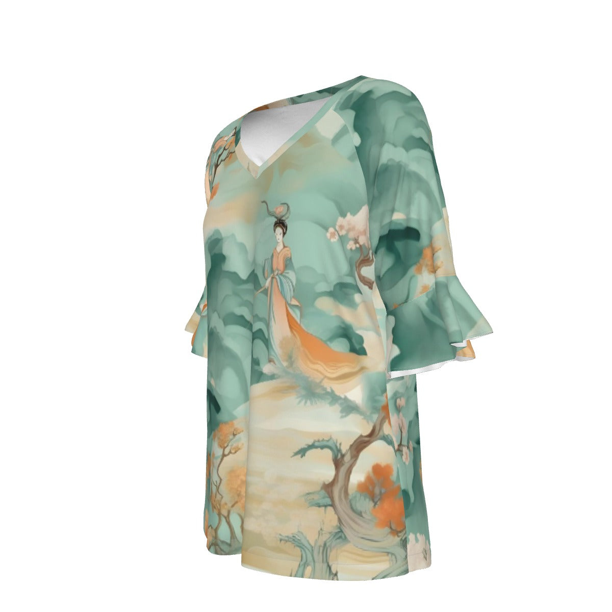 All-Over Print V-neck Women's T-shirt With Bell Sleeve