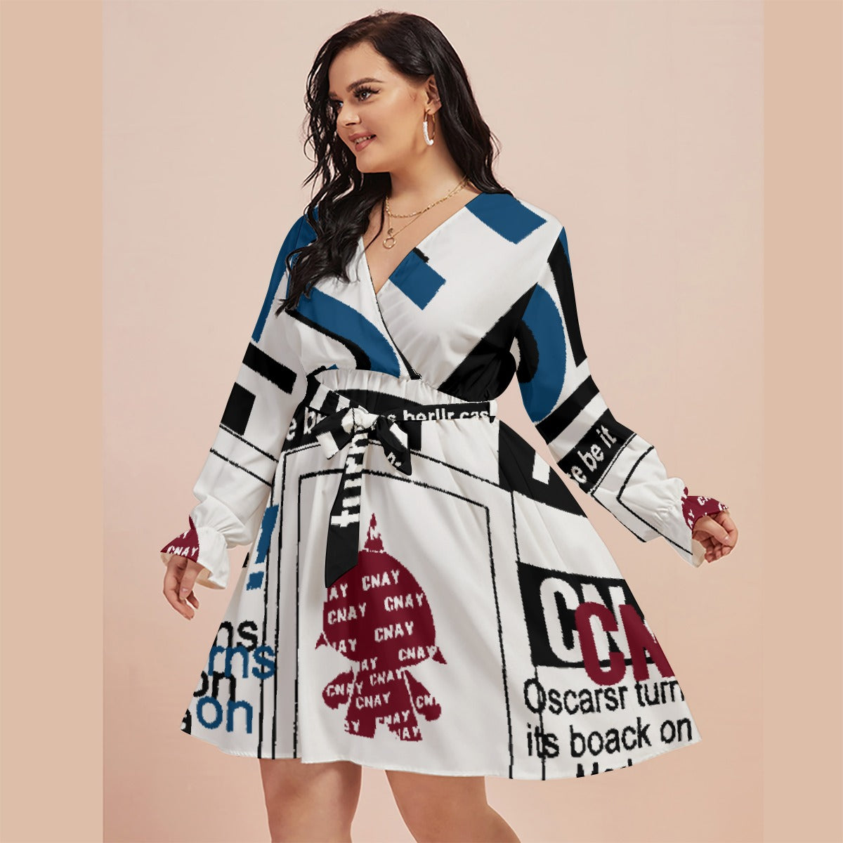 All-Over Print Women's V-neck Dress With Waistband(Plus Size)