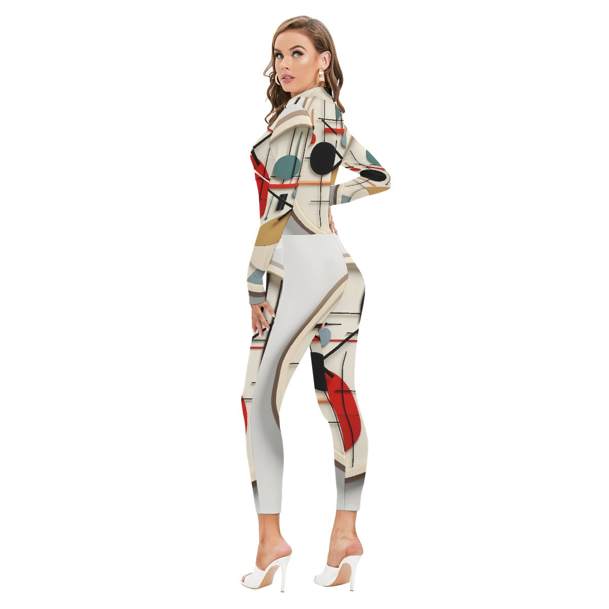 All-Over Print Women's Long-sleeved High-neck Jumpsuit With Zipper