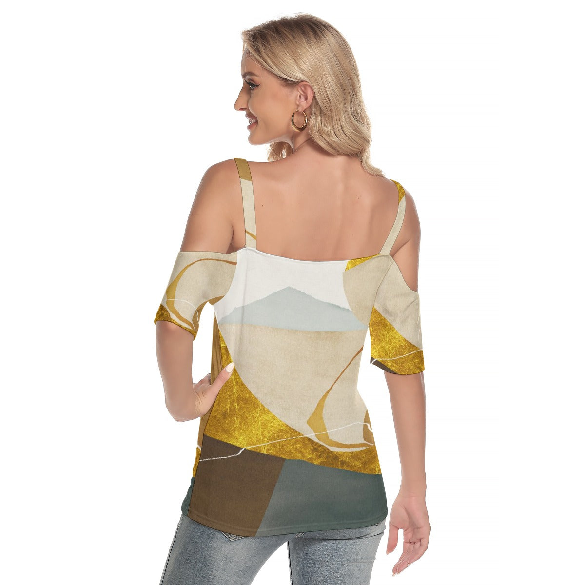 All-Over Print Women's Cold Shoulder T-shirt With Criss Cross Strips