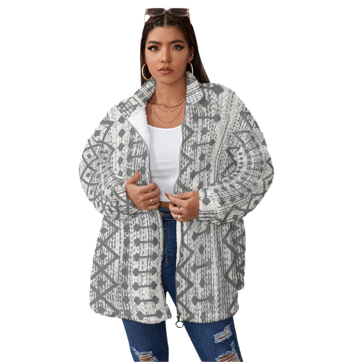 All-Over Print Unisex Borg Fleece Stand-up Collar Coat With Zipper Closure(Plus Size)