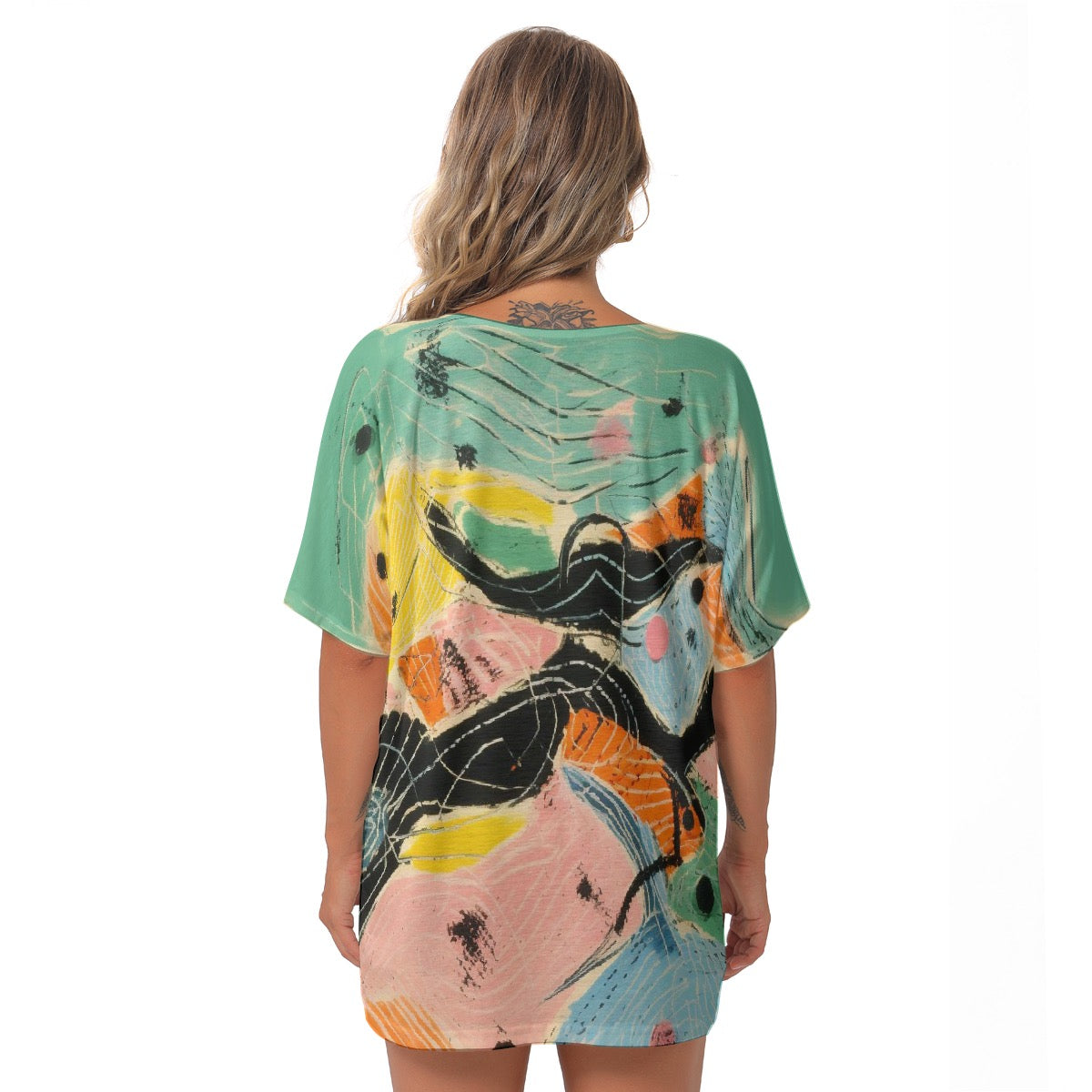 All-Over Print Women's Bat Sleeves V-Neck Blouse