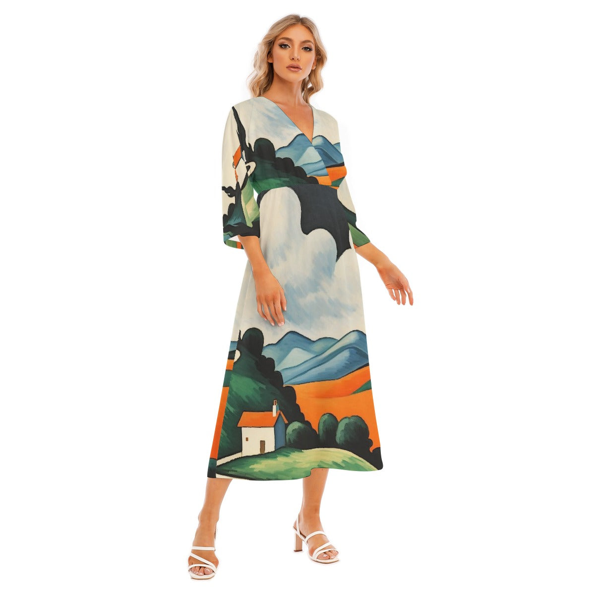 All-Over Print Women's Mid-Sleeve Long Dress