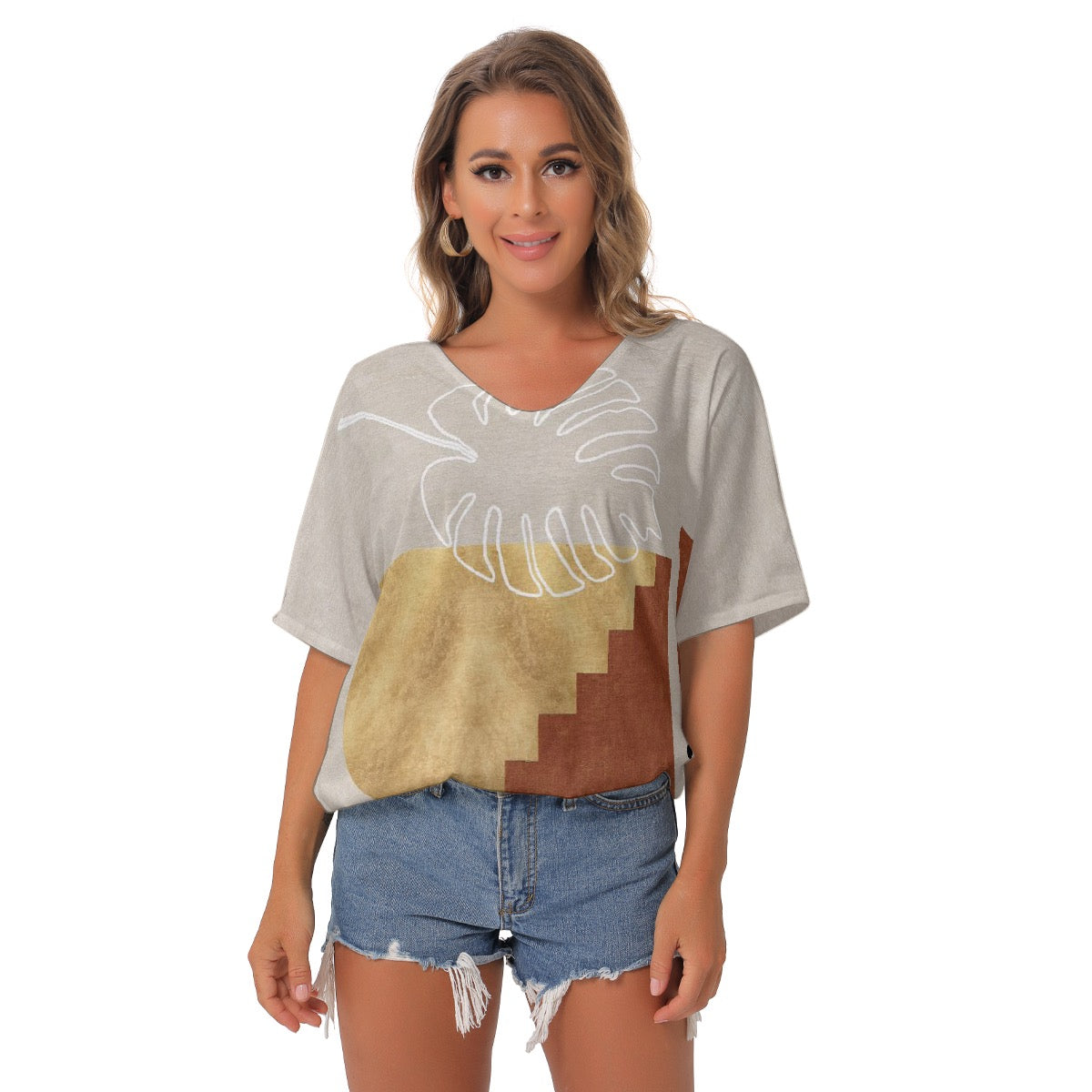 All-Over Print Women's Bat Sleeves V-Neck Blouse