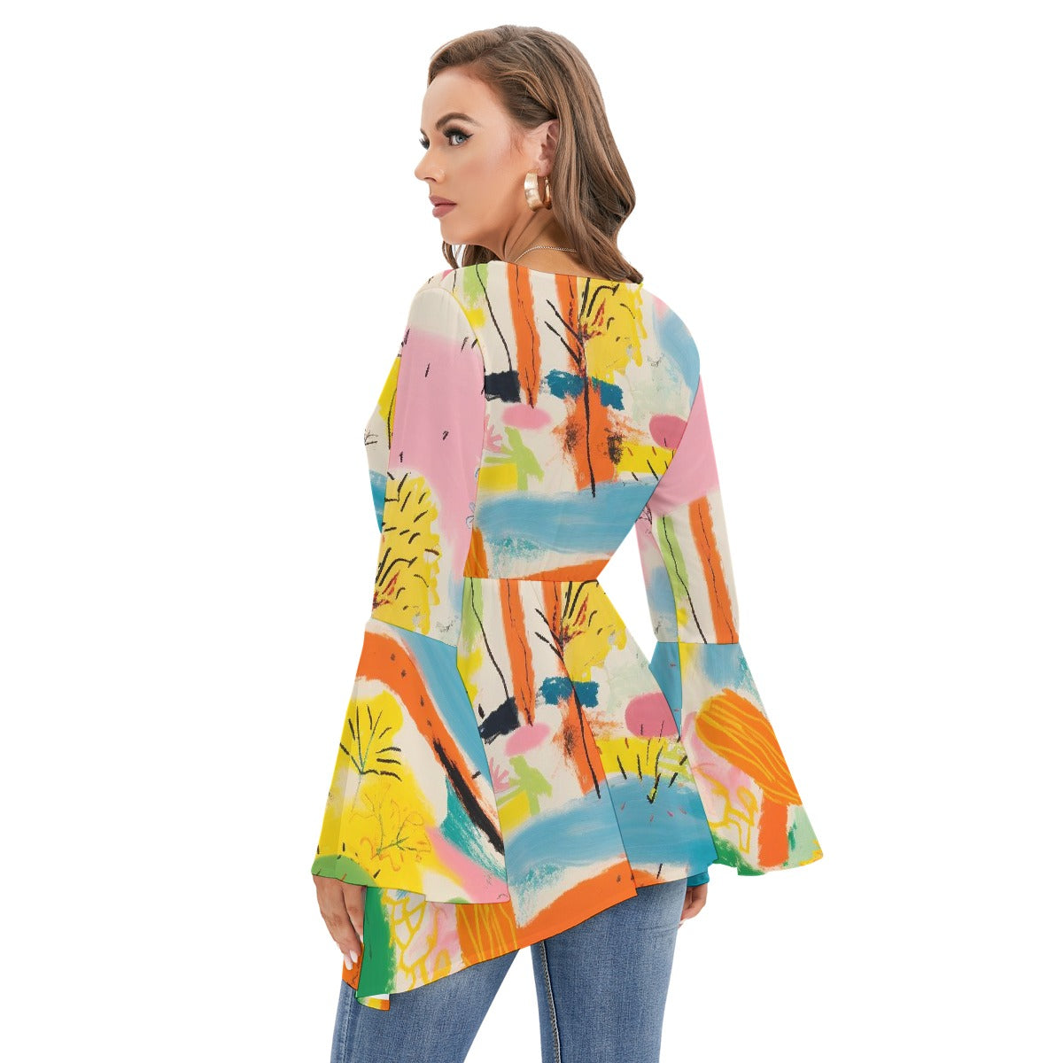 All-Over Print Women's V-neck Blouse With Flared Sleeves