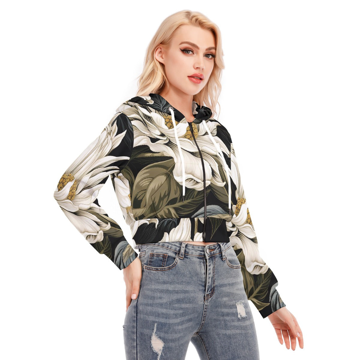 All-Over Print Women's Crop Top Hoodie With Zipper Closure