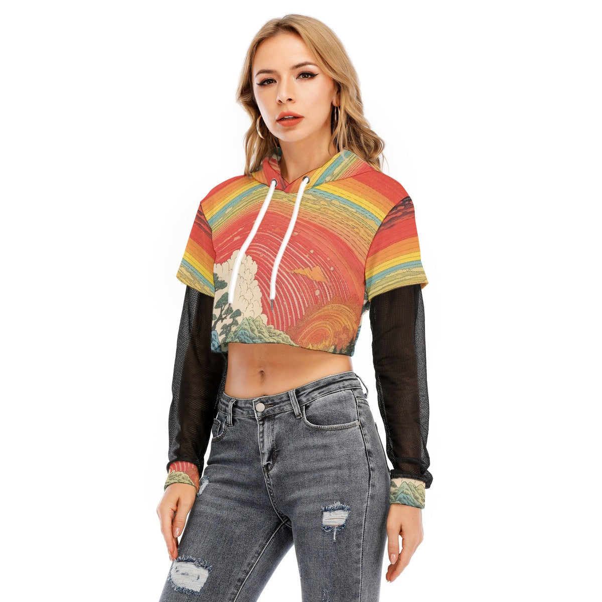 All-Over Print Women's Fake Two-piece Mesh Sleeve Cropped Hoodie