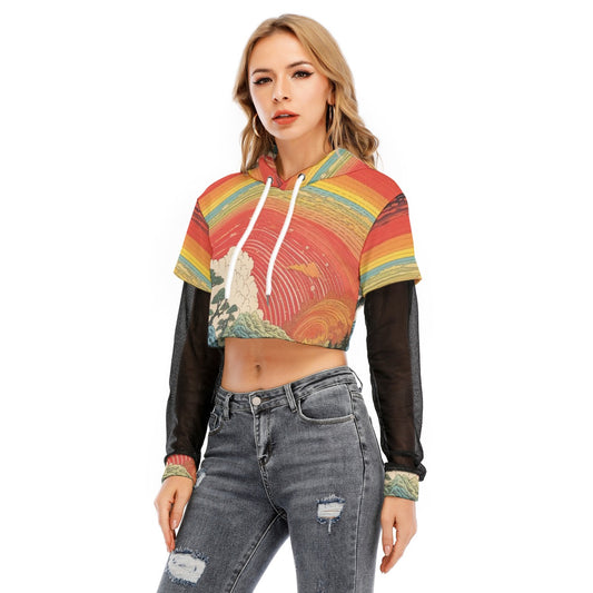 All-Over Print Women's Fake Two-piece Mesh Sleeve Cropped Hoodie
