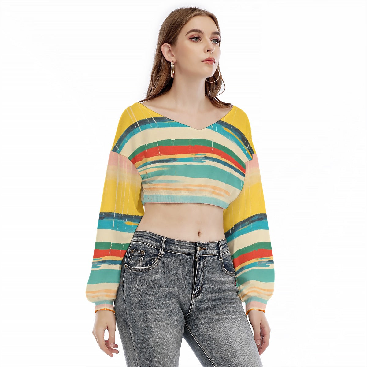 All-Over Print Women's V-neck Long Sleeve Cropped Sweatshirt