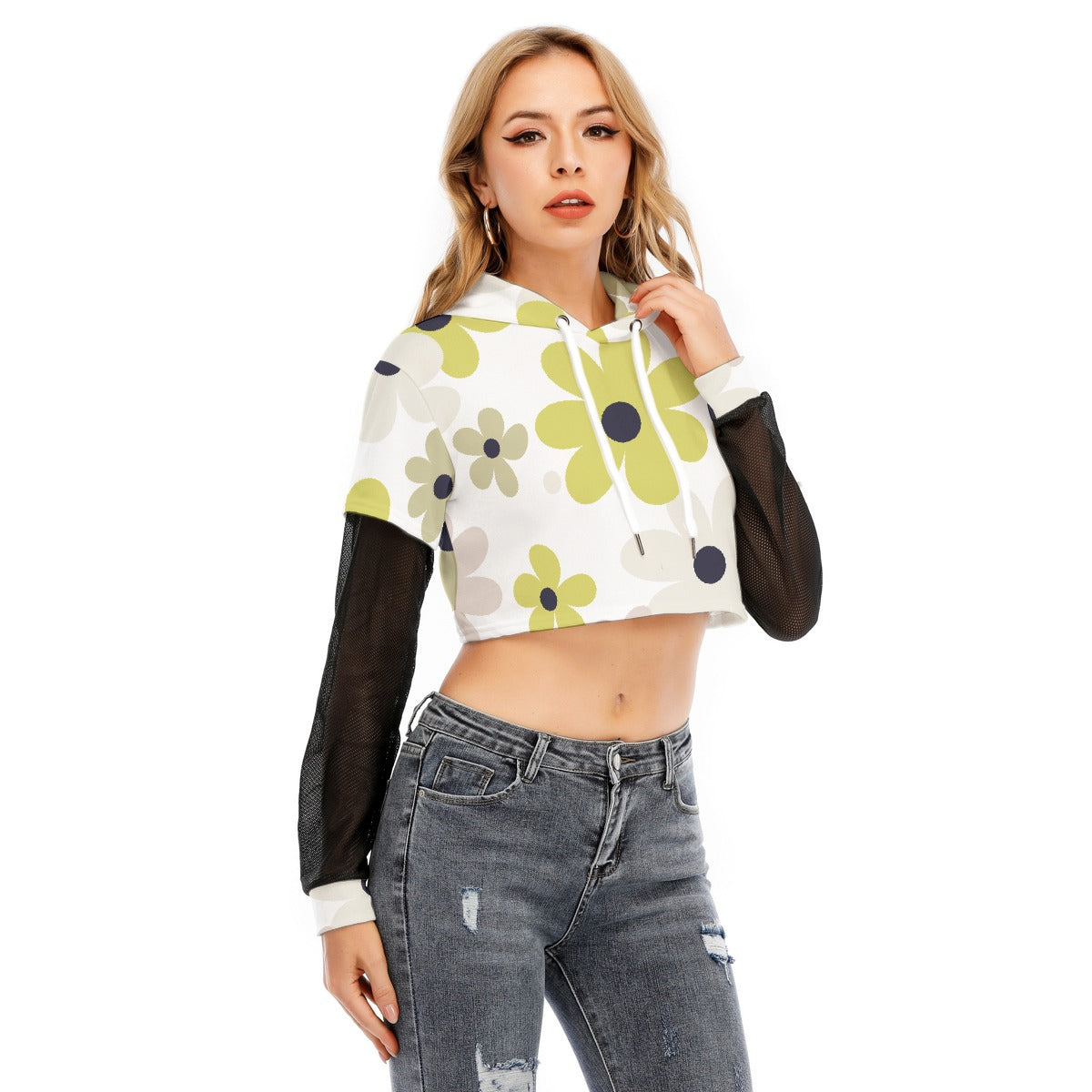 All-Over Print Women's Fake Two-piece Mesh Sleeve Cropped Hoodie