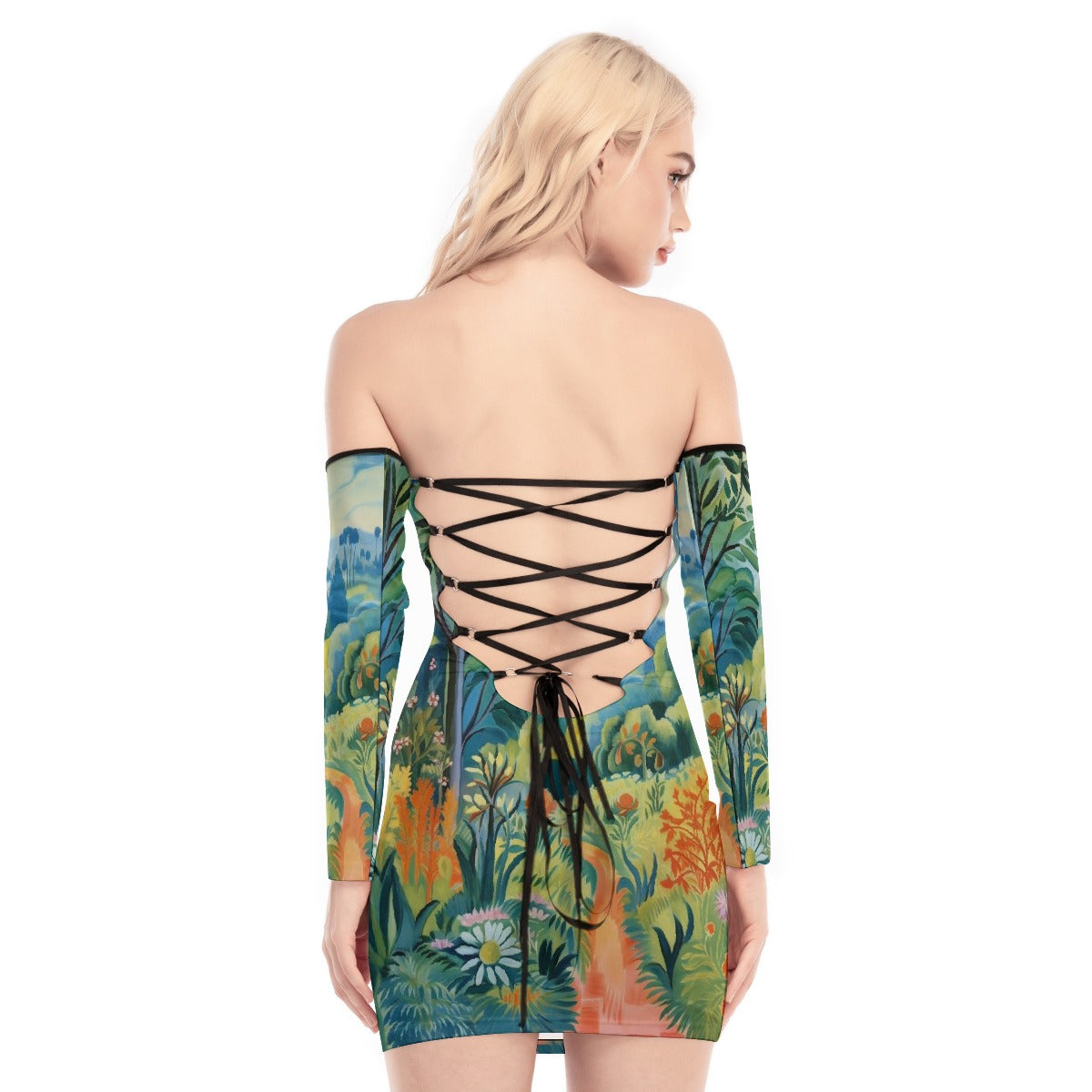 All-Over Print Women's Off-shoulder Back Lace-up Dress