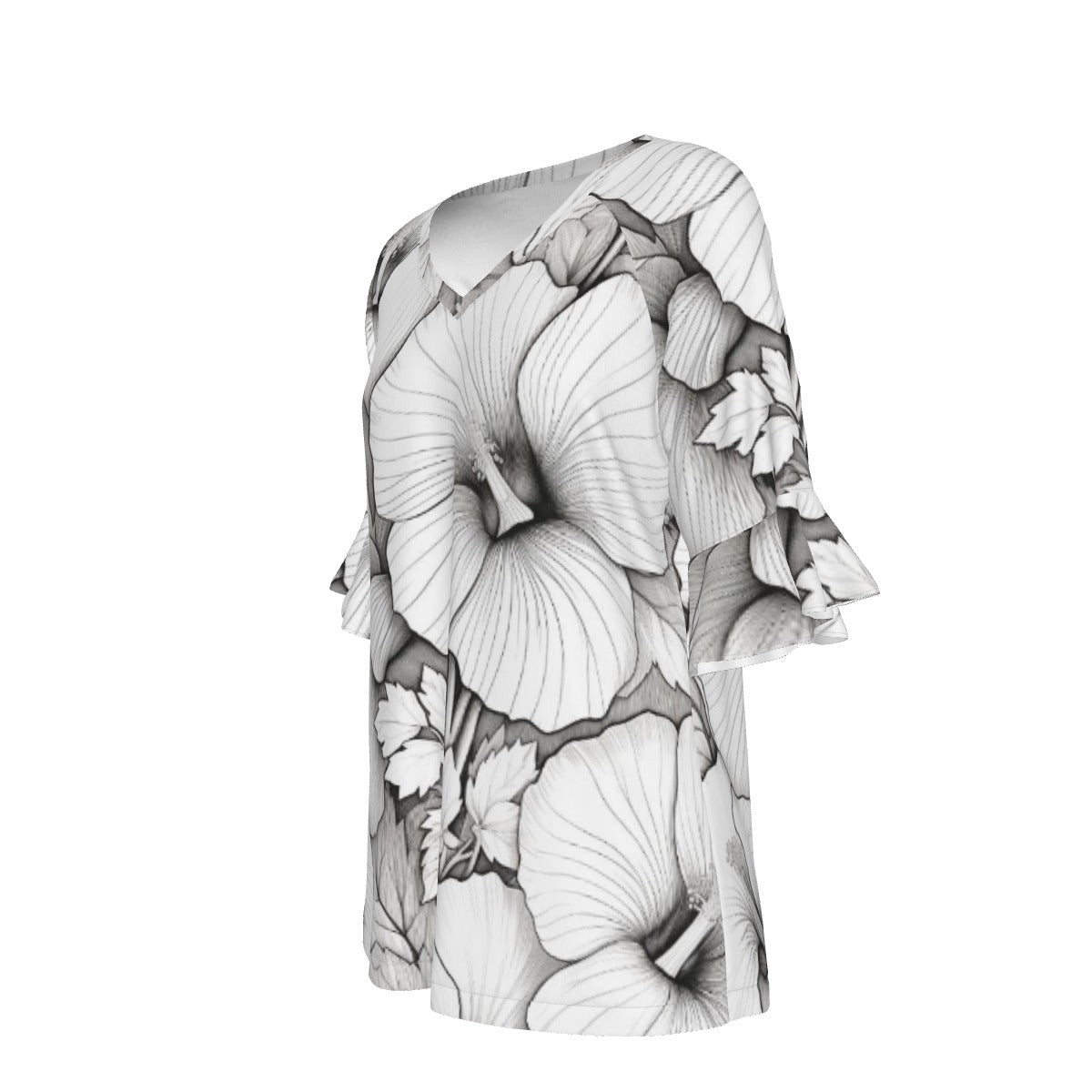 All-Over Print V-neck Women's T-shirt With Bell Sleeve