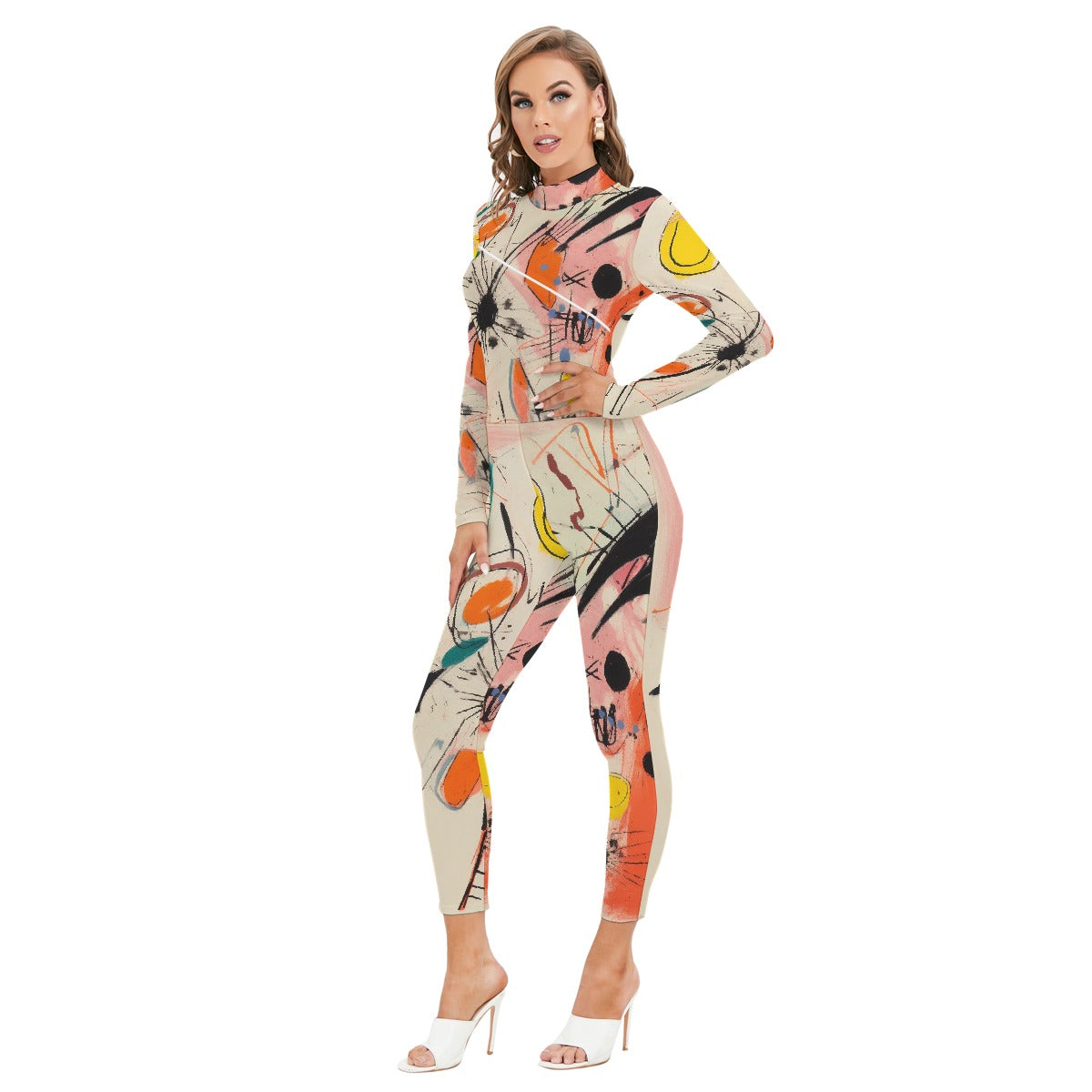 All-Over Print Women's Long-sleeved High-neck Jumpsuit With Zipper