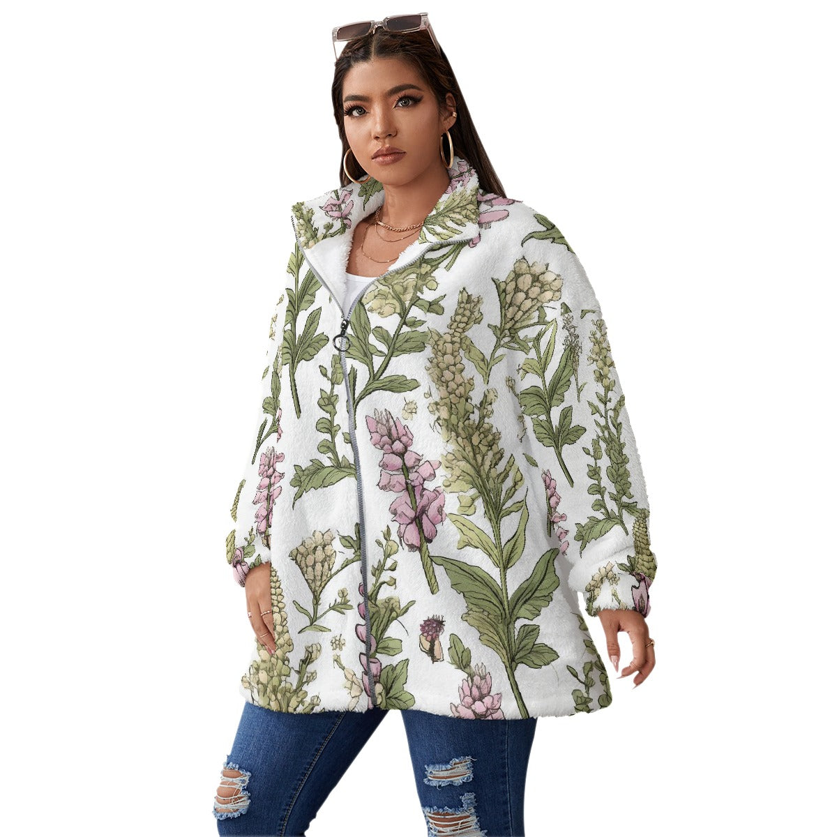 All-Over Print Unisex Borg Fleece Stand-up Collar Coat With Zipper Closure(Plus Size)