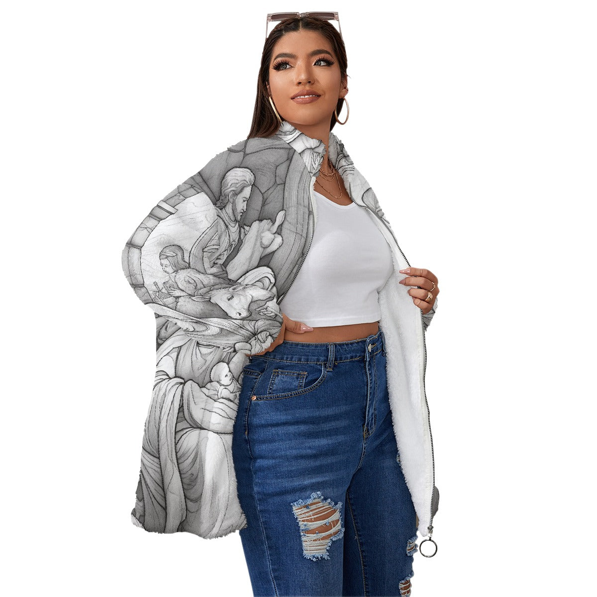 All-Over Print Unisex Borg Fleece Stand-up Collar Coat With Zipper Closure(Plus Size)