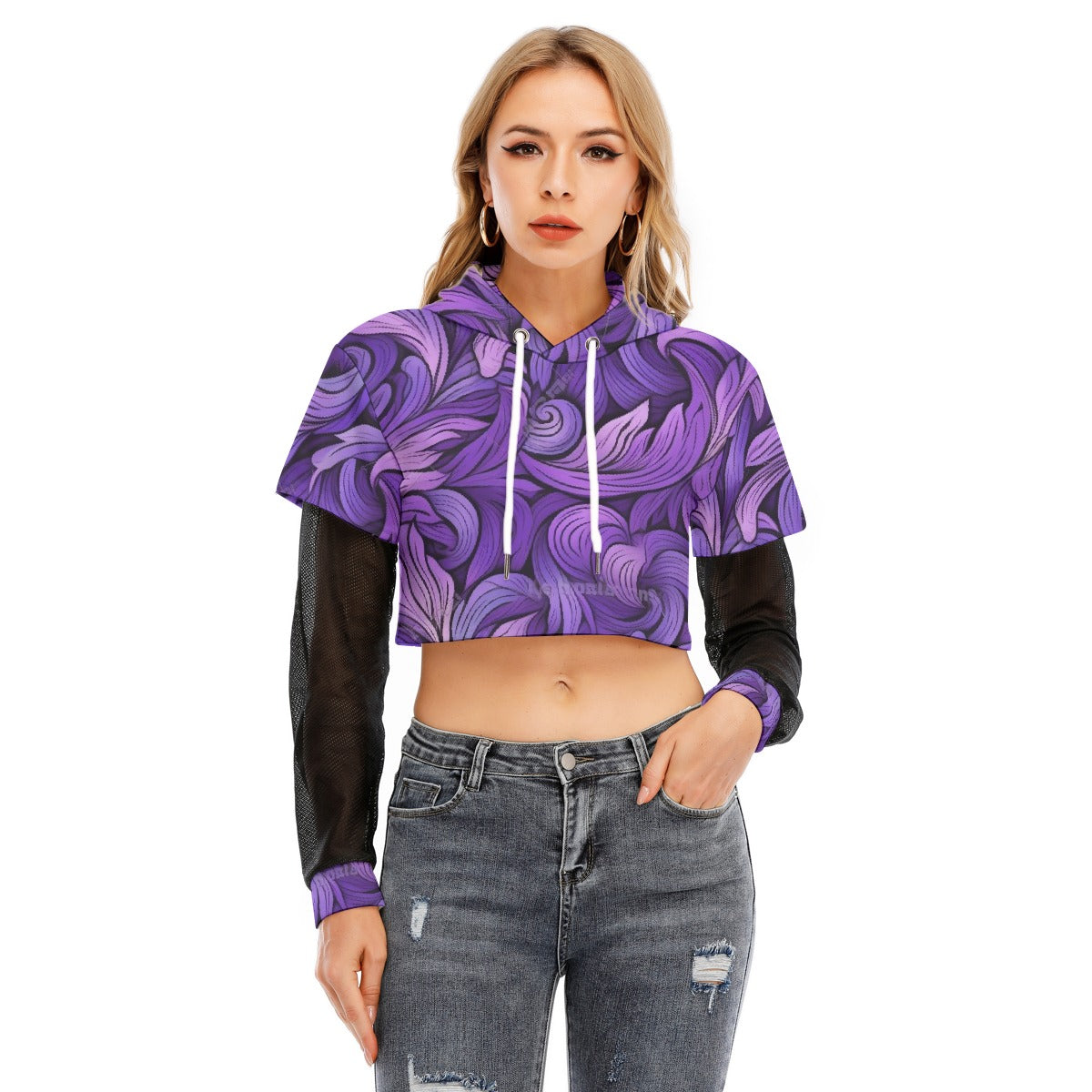 All-Over Print Women's Fake Two-piece Mesh Sleeve Cropped Hoodie