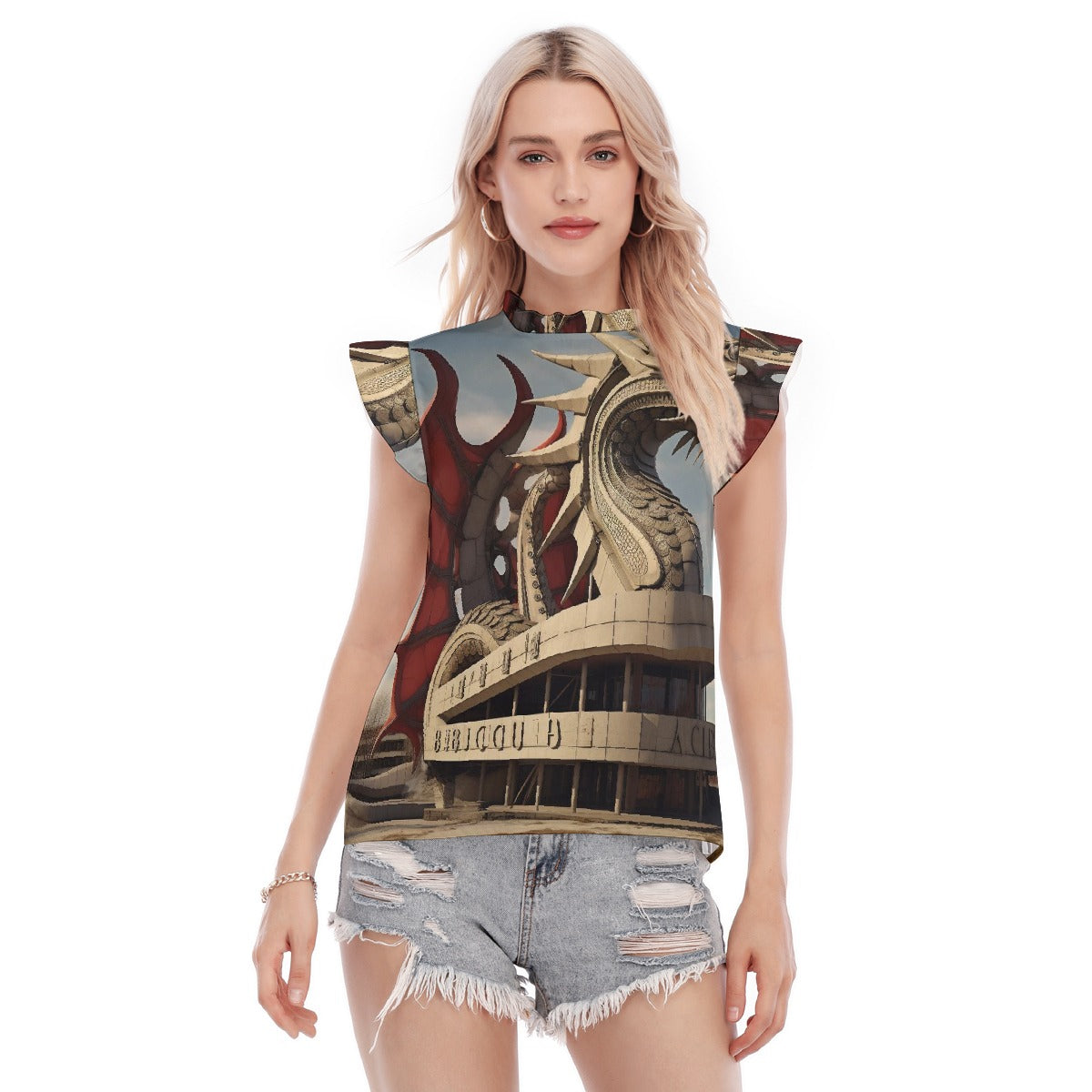 All-Over Print Women's Blouse With Ruffle Collar And Sleeve